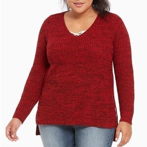 Torrid Marled Knit V-neck Tunic Sweater Sz 1 Red